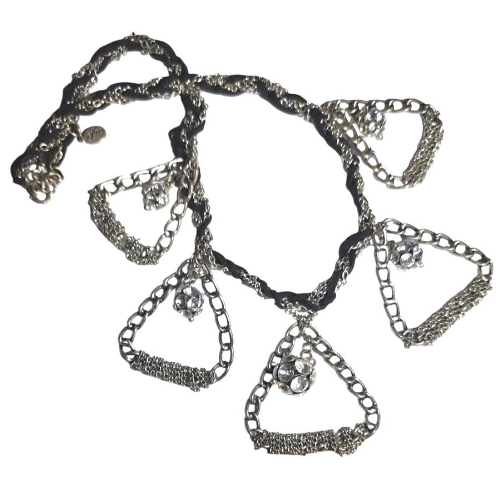 Vintage Necklace‎ Efm Handmade Silver-Tone Statement Chain Rhinestone Black Rope